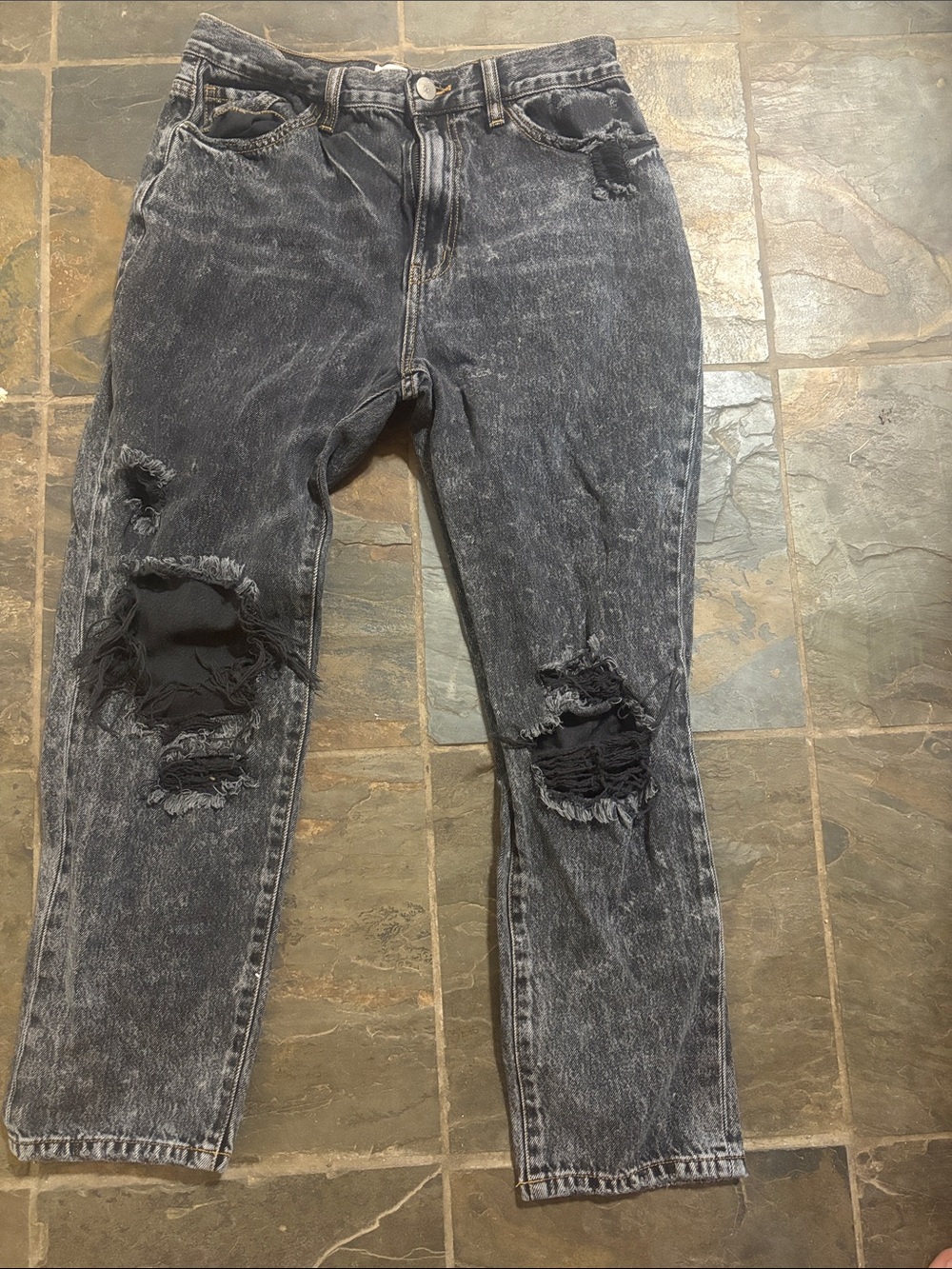 Gilded Intent Black Acid-Wash Slim Straight Jeans with Ripped Knees